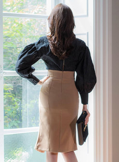 Puff Sleeve Pullover Sheath Skirt Suits