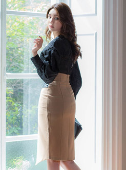 Puff Sleeve Pullover Sheath Skirt Suits