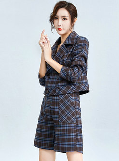 Notched Plaid Double-breasted Short Pant Suits