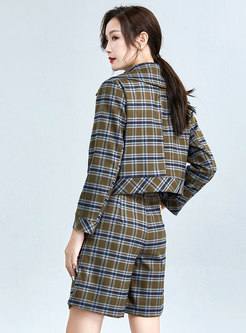 Notched Plaid Double-breasted Short Pant Suits