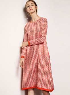Crew Neck Houndstooth A Line Sweater Dress