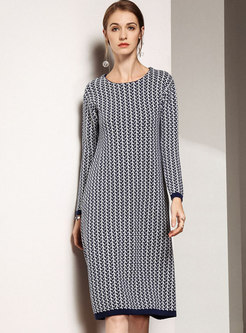 Crew Neck Houndstooth A Line Sweater Dress