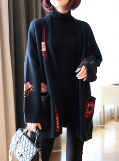 V-neck Embroidered Straight Sweater Coat
