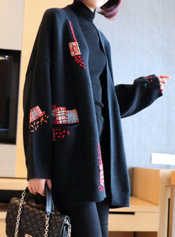 V-neck Embroidered Straight Sweater Coat