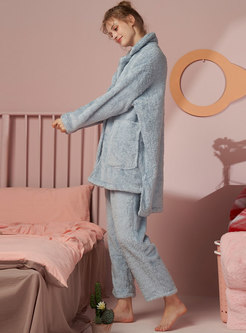 Solid Lapel Coral Loose Pajama Set