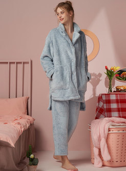 Solid Lapel Coral Loose Pajama Set