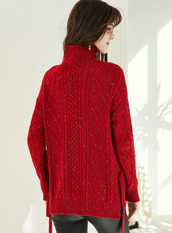 Turtleneck Pullover Asymmetric Tied Sweater