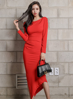 Long Sleeve Ruched High-low Bodycon Dress