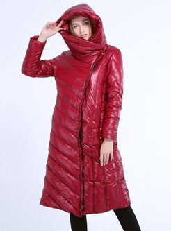 Solid Hooded Knee-length Straight Puffer Coat