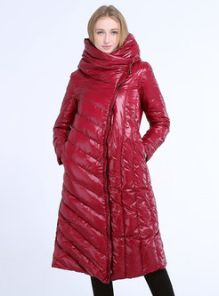 Solid Hooded Knee-length Straight Puffer Coat