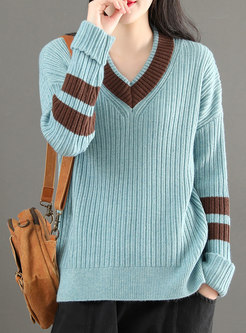 Color-blocked V-neck Pullover Loose Sweater