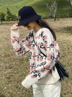 Crew Neck Print Pullover Loose Sweet Sweater