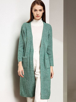 V-neck Straight Knee-length Knitted Coat