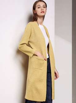 V-neck Straight Knee-length Knitted Coat