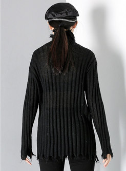 Turtleneck Pullover Solid Ribbed Sweater
