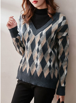 Geometric Print Patchwork Pullover Sweater
