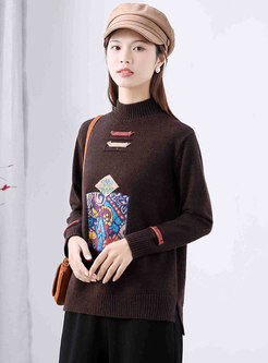 Turtleneck Embroidered Pullover Loose Sweater