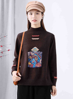Turtleneck Embroidered Pullover Loose Sweater