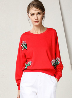 Embroidered Beaded Pullover Sweatshirt