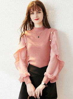 Ruffle Patchwork Pullover Ribbed Sweater