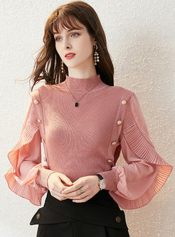 Ruffle Patchwork Pullover Ribbed Sweater