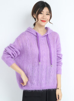 Hooded Drawstring Openwork Plus Size Sweater