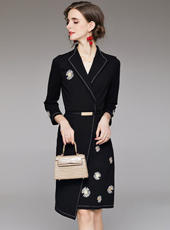 Lapel Embroidered Belted A Line Dress