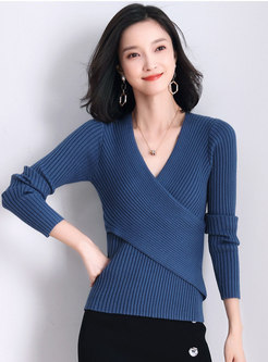 Cross V-neck Pullover Solid Slim Sweater