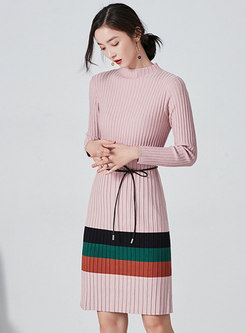 Mock Neck Striped Slim Knitted Dress