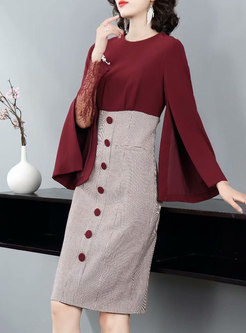 Lace Patchwork Split Sleeve Plaid Bodycon Dress