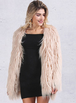 V-neck Straight Mid-length Faux Fur Coat