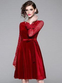 V-neck Flare Sleeve Openwork Velvet Dress