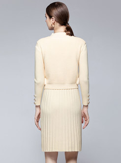 Long Sleeve Slim Pleated Knitted Dress With Vest