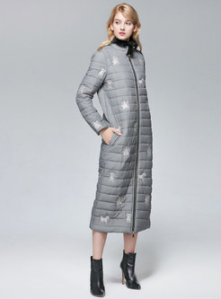 Mock Neck Embroidered Long Straight Puffer Coat