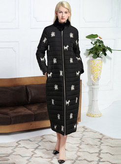 Mock Neck Embroidered Long Straight Puffer Coat