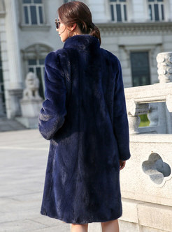 Lapel Straight Knee-length Faux Fur Coat