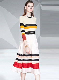 Striped Knitted A Line Skirt Suits