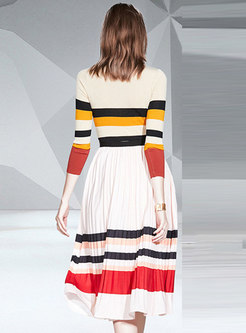Striped Knitted A Line Skirt Suits