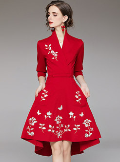 V-neck Embroidered High-low Cocktail Dress