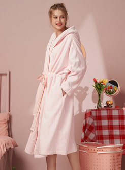 Hooded Coral Drawstring Plus Size Robe