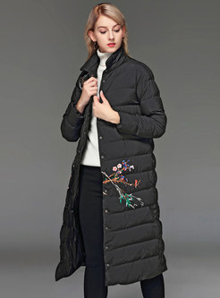 Mock Neck Embroidered Long Puffer Coat