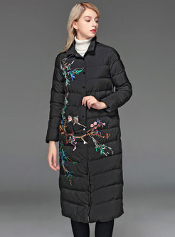 Mock Neck Embroidered Long Puffer Coat