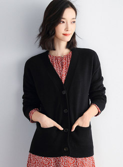 V-neck Long Sleeve Solid Cardigan With Pockets