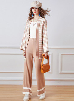 V-neck Houndstooth Knitted Wide Leg Pant Suit