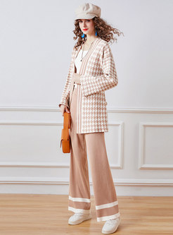V-neck Houndstooth Knitted Wide Leg Pant Suit