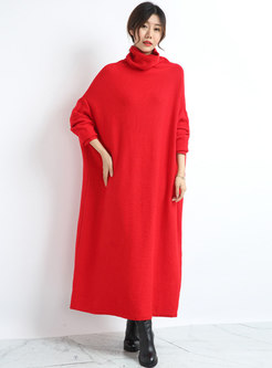 Plus Size Turtleneck Shift Long Knitted Dress