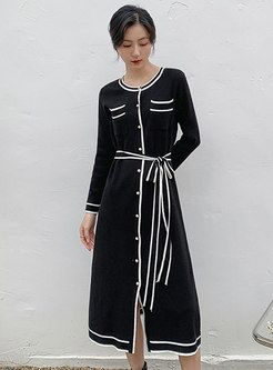 Crew Neck Single-breasted Knitted Midi Dress
