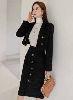 Notched Plaid Short High Waisted Skirt Suits