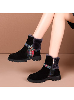 Rounded Toe Plaid Patchwork Ankle Boots