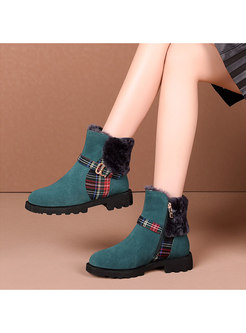 Rounded Toe Plaid Patchwork Ankle Boots